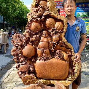 Di Lạc Ngũ Phúc Tứ Linh Vác Cành Đào Đứng Bao Tiền Gỗ Nu Hương