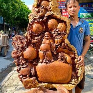 Di Lạc Ngũ Phúc Tứ Linh Vác Cành Đào Đứng Bao Tiền Gỗ Nu Hương
