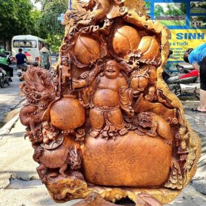 Di Lạc Ngũ Phúc Tứ Linh Vác Cành Đào Đứng Bao Tiền Gỗ Nu Hương