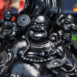 Di lặc ngồi gốc tùng gỗ mun