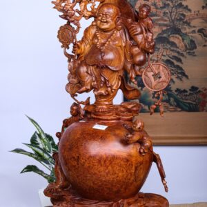 Di Lặc Vác Cành Đào Tam Tiểu Đứng Chum Tiền Gỗ Nu Hương