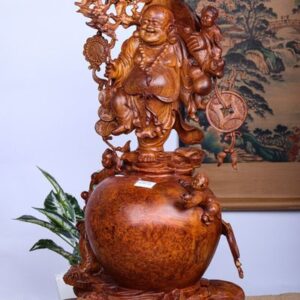 Di Lặc Vác Cành Đào Tam Tiểu Đứng Chum Tiền Gỗ Nu Hương