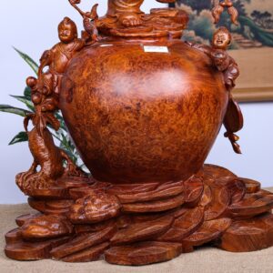Di Lặc Vác Cành Đào Tam Tiểu Đứng Chum Tiền Gỗ Nu Hương