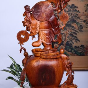 Di Lặc Vác Cành Đào Tam Tiểu Đứng Chum Tiền Gỗ Nu Hương