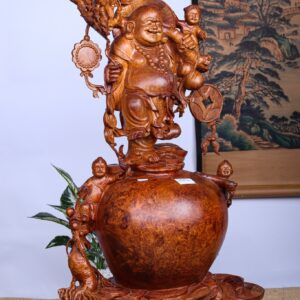 Di Lặc Vác Cành Đào Tam Tiểu Đứng Chum Tiền Gỗ Nu Hương