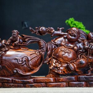 Di Lạc Tam Tiểu Vác Cành Đào Kéo Bao Tiền Gỗ Cẩm