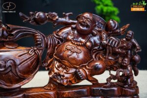 Di Lạc Tam Tiểu Vác Cành Đào Kéo Bao Tiền Gỗ Cẩm