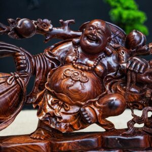 Di Lạc Tam Tiểu Vác Cành Đào Kéo Bao Tiền Gỗ Cẩm